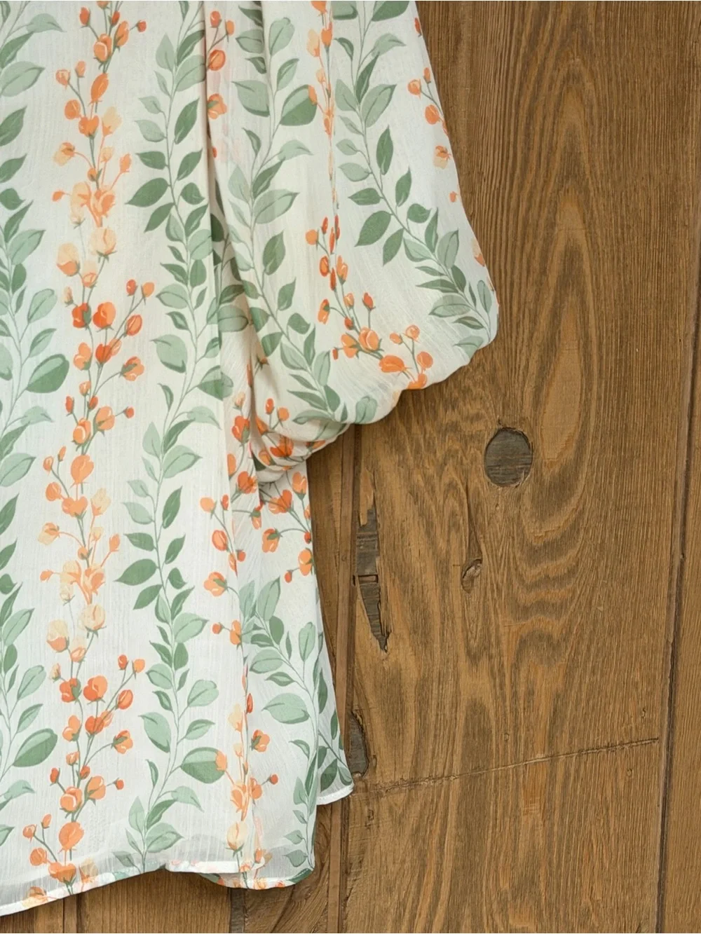 Square-Neck Puff-Sleeve Blouse in White with Orange Floral & Green Leaves